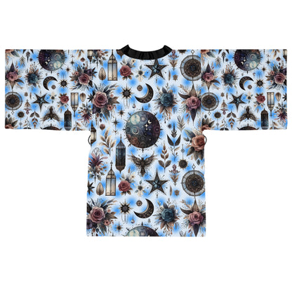 Chic Floral Kimono Robe with celestial elements, embodying luxury in women's loungewear. A beautiful addition to your designer bathrobe collection.