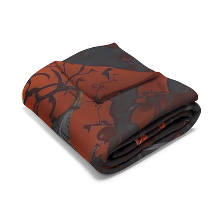 Decorative and Warm Halloween Spooky Arctic Fleece Blanket artfully folded, featuring intricate details of a Halloween scene, perfect for those seeking a chic addition to their cozy autumn setting.