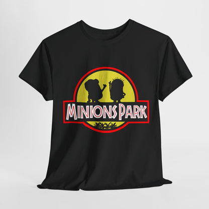 Minions Park Jurassic Park Mashup Unisex Men’s Women’s Graphic T Shirt Tee featuring playful Minion silhouettes against a vibrant yellow dinosaur footprint background. This funny T Shirt is perfect for Minions fans looking to showcase their love for fun and adventure.