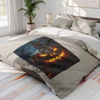 Elegant Decorative and Warm Halloween Spooky Arctic Fleece Blanket displayed on a beautifully made bed, featuring an intricate pumpkin design, ideal for enhancing seasonal decor.