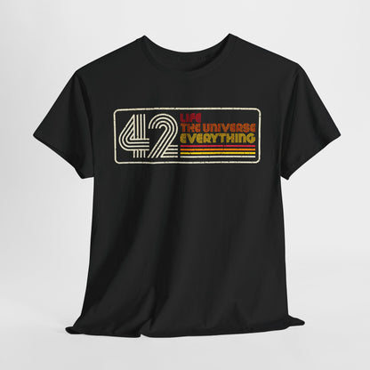 Luxury unisex T-shirt featuring a retro design with the iconic number 42, along with the words 'LIFE, THE UNIVERSE, EVERYTHING'. A stylish tribute to Hitchhiker's Guide to the Galaxy, crafted with high-quality detail.