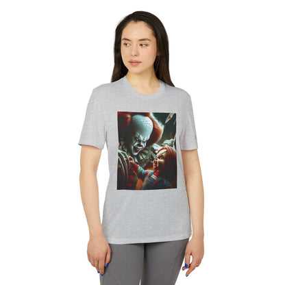 Chic Adidas Unisex Halloween Pennywise and Chucky Cute t-shirt with a captivating front design, highlighting a blend of iconic horror characters in premium quality.