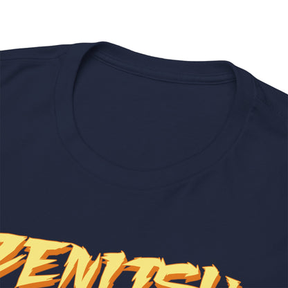 Close-up shot of a navy t-shirt's collar, featuring the bold 'ZENITSU' text, emphasising the premium quality and style of anime apparel.