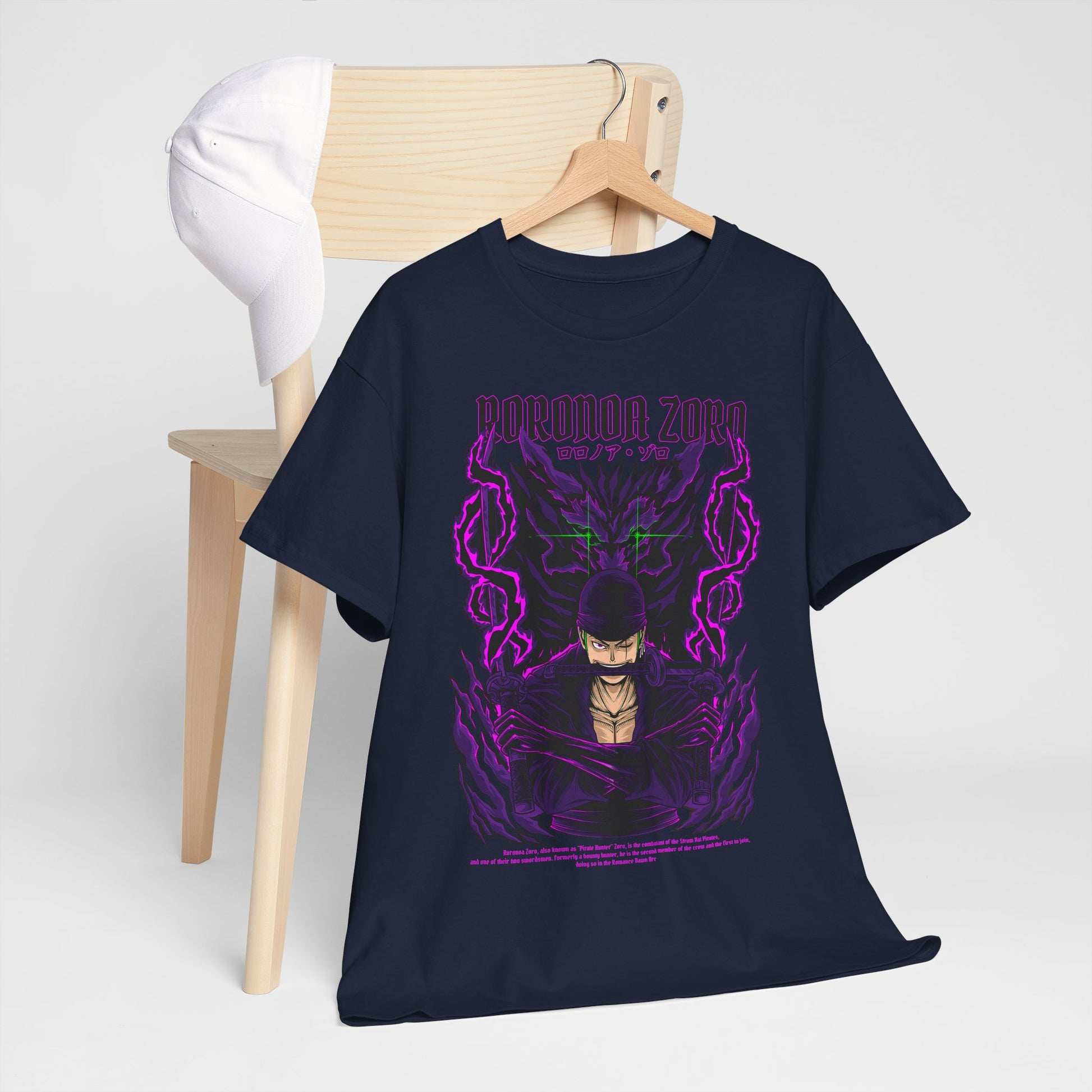 Chic display of a navy graphic tee featuring Roronoa Zoro, complete with dramatic purple graphics, perfect for making a standout statement in any anime lover's collection.