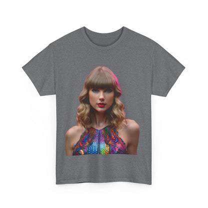Front view of the Swifties Psychedelic Taylor Swift Heavy Cotton Tee featuring a vibrant psychedelic print of Taylor Swift, a must-have for luxury fans.