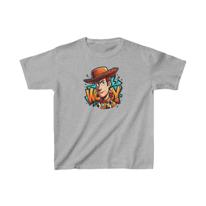 Unisex Children's Woody Toy Story Graphic Cotton Tee in elegant grey, highlighting a vibrant Woody graphic, a luxurious addition to any child's wardrobe.