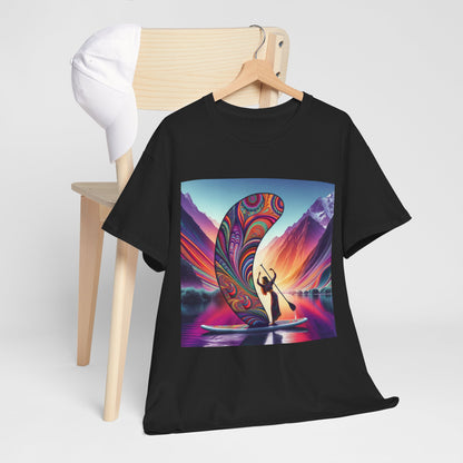 Luxury Paddleboard Adventure T-Shirt styled on a wooden chair with a cap, highlighting the vibrant paddleboarding graphic, perfect for casual and athleisure outfits.