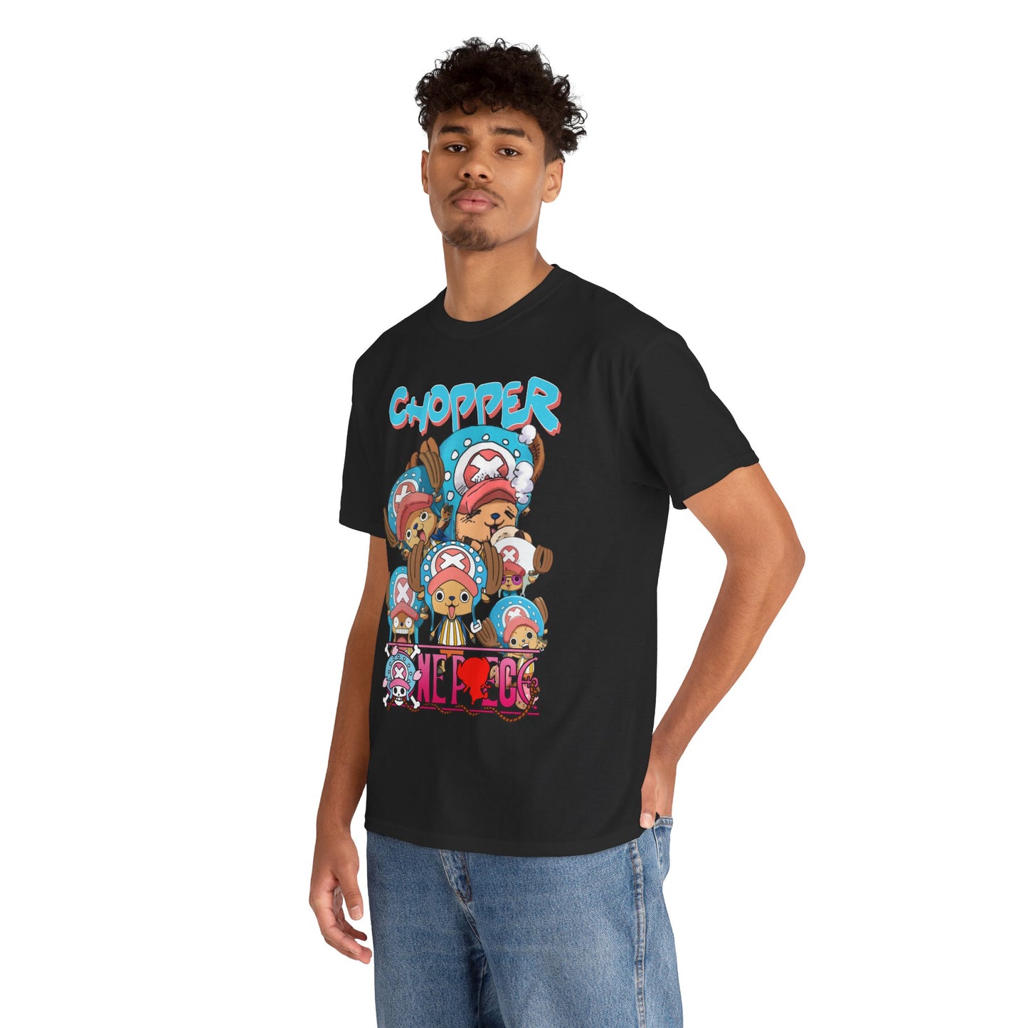 Man wearing a chic black t-shirt adorned with colourful Chopper artwork, exuding casual elegance and anime enthusiasm.