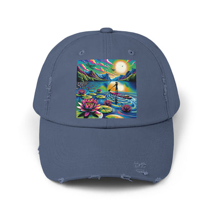 Elegant Unisex Distressed Paddleboarders Cap with a beautifully illustrated sunset scene and lotus flowers, perfect for discerning water sports lovers.
