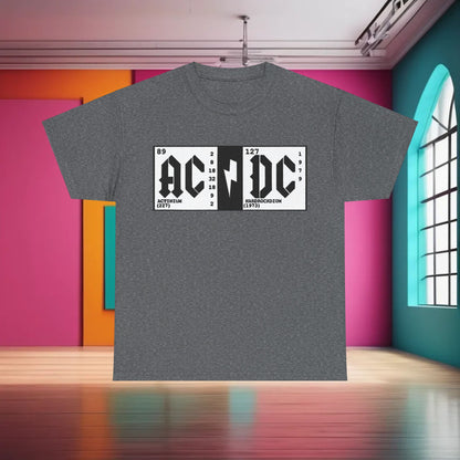 Stylish Elements AC DC Graphic T-Shirt displayed in a modern setting, showcasing the periodic table design that merges music and science for a luxurious look.