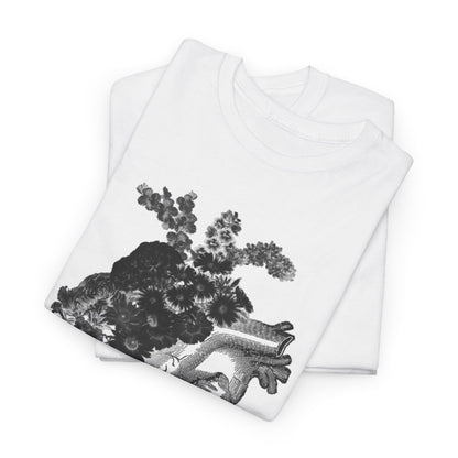 Stylishly designed floral heart graphic t-shirt displayed in a folded arrangement, emphasising its intricate design of an anatomical heart enshrouded in monochrome flowers.