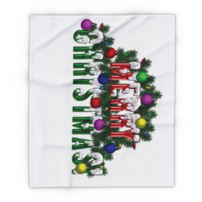 Elegant Decorative and Warm Christmas Arctic Fleece Blanket showcasing a stunning festive design with 'Merry Christmas!' in bold letters adorned with colourful holiday baubles.