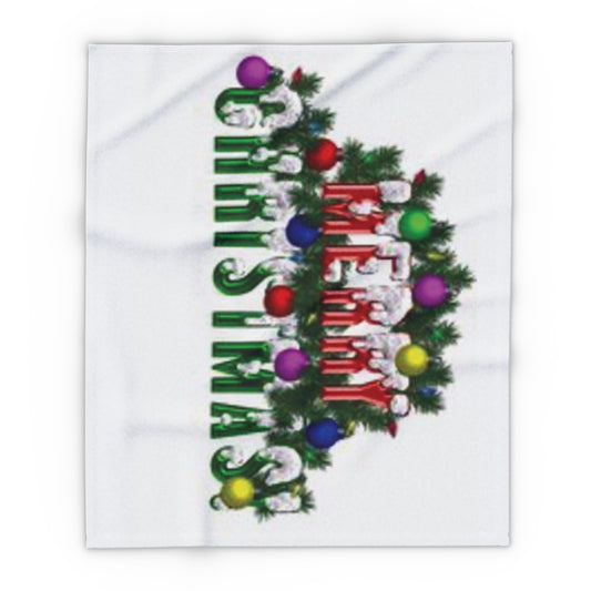 Elegant Decorative and Warm Christmas Arctic Fleece Blanket showcasing a stunning festive design with 'Merry Christmas!' in bold letters adorned with colourful holiday baubles.