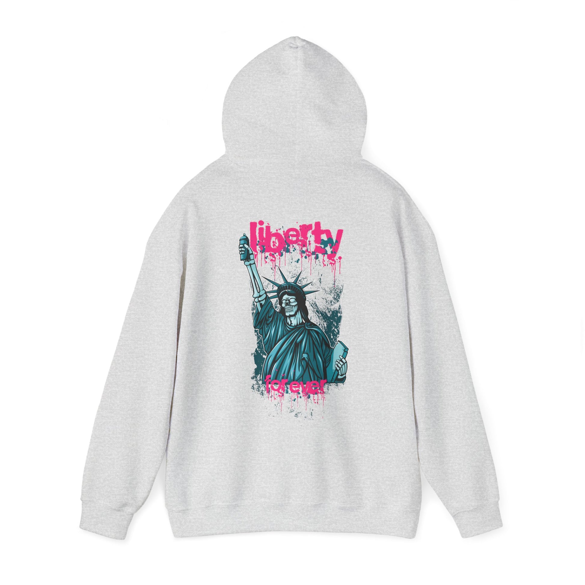 Chic grey hoodie showcasing an avant-garde graphic of the Statue of Liberty, adorned with striking pink graffiti text that reads 'liberty forever', perfect for fashion-forward individuals.