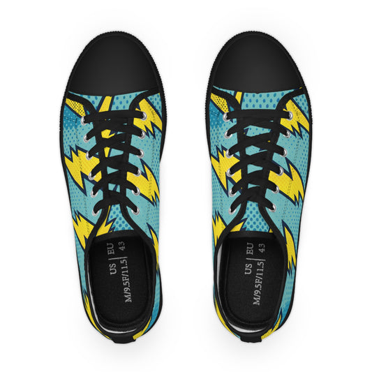 Top view of Electra Boltshire Men’s Low Top Sneakers showcasing their unique avant-garde design with striking yellow lightning bolts against a cool blue backdrop, ideal for stylish casual wear.
