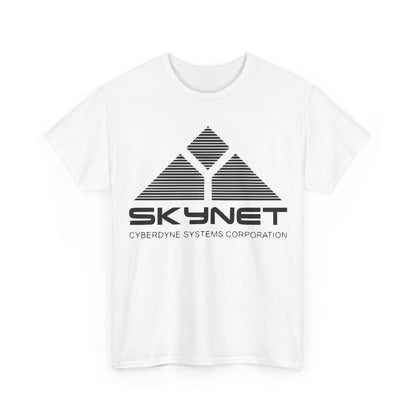 Front view of the stylish Skynet Cyberdyne Systems - Terminator Retro Logo Graphic Tee featuring a striking black graphic print on a white background.
