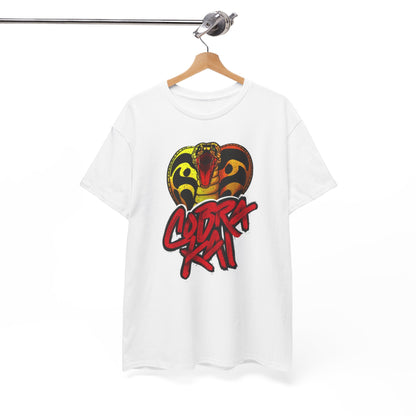 Trendy white t-shirt elegantly hung on a wooden hanger, featuring a fierce Cobra Kai logo, a must-have for fans and style-conscious individuals.