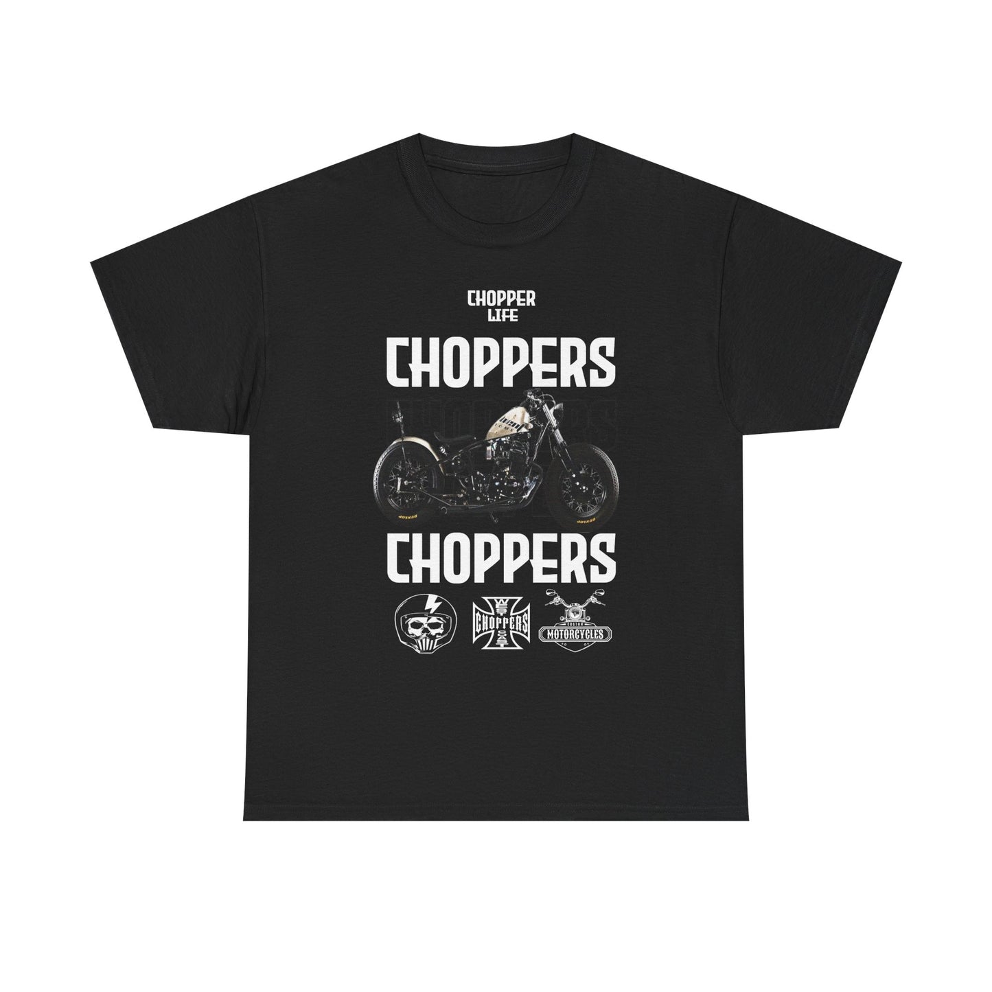 Elegant black men's t-shirt adorned with striking 'CHOPPER LIFE' text and detailed motorcycle illustration, ideal for chopper lovers.