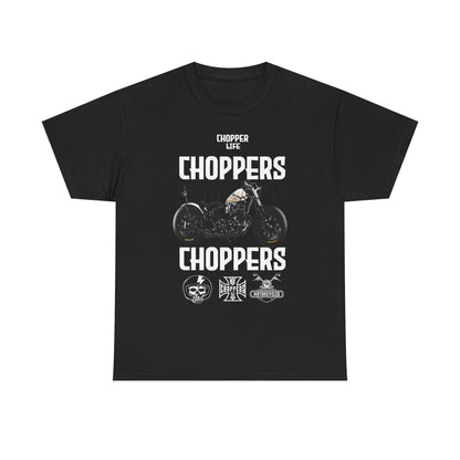 Elegant men's t-shirt in classic black, showcasing a striking Choppers graphic with a vintage motorcycle illustration and bold 'Chopper Life' text, perfect for discerning motorcycle enthusiasts.