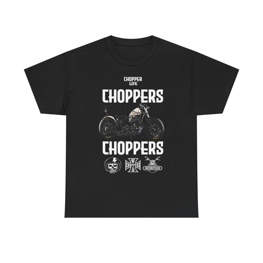 Elegant men's t-shirt in classic black, showcasing a striking Choppers graphic with a vintage motorcycle illustration and bold 'Chopper Life' text, perfect for discerning motorcycle enthusiasts.