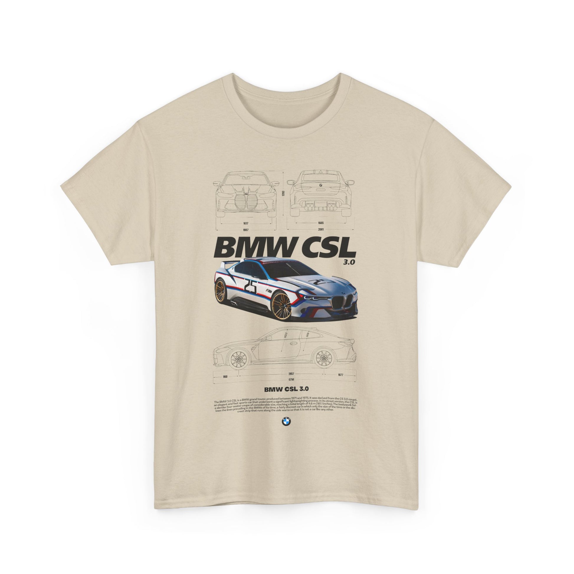 Luxurious ecru men's T-shirt featuring a detailed graphic of the BMW CSL 3.0 race car, complemented by technical drawings, embodying speed and sophistication.