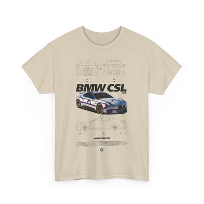 Luxurious ecru men's T-shirt featuring a detailed graphic of the BMW CSL 3.0 race car, complemented by technical drawings, embodying speed and sophistication.