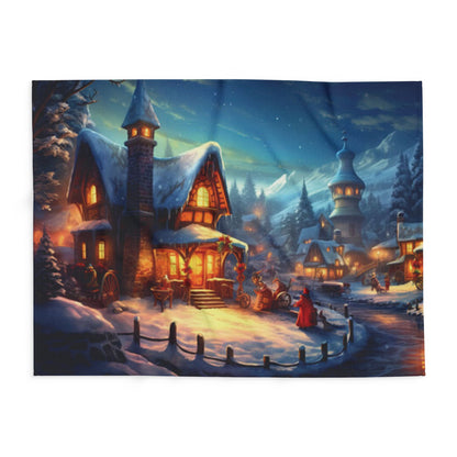 Stunning view of the Decorative and Warm Christmas Arctic Fleece Blanket featuring a charming snowy village scene, perfect for enhancing the luxury of any holiday gathering.