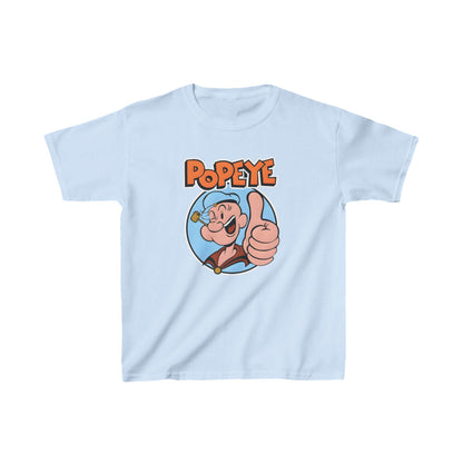 Unisex Kids Popeye Cotton T Shirt Tee in soft baby blue, embellished with a playful Popeye design, perfect for young fashion enthusiasts seeking comfort and style.