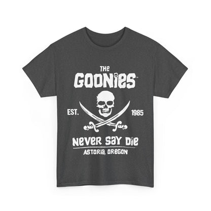 The Goonies Graphic T-Shirt Urban Unisex Cotton Tee featuring the iconic Goonies logo with skull and crossed swords on a luxurious dark grey fabric, inviting wearers to relive their favourite adventure story.