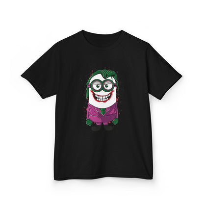 Black version of the Minions Joker T-Shirt featuring a colourful Minion design as the Joker, perfect for kids and fans of funny T-shirts and Minions.