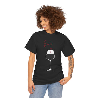 Chic Funny Wine Lover Women's T-Shirt showcasing the 'And Now Wine' design, modelled by a woman with curly hair, epitomising sophistication and fun.