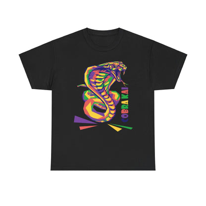 Luxurious Cobra Kai unisex graphic T-shirt featuring a vibrant geometric snake emblem, perfect for martial arts enthusiasts and fans of the iconic series.