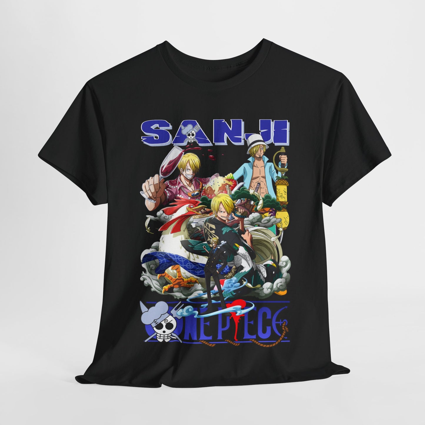 Luxurious men's graphic t-shirt featuring Sanji from the anime One Piece, showcasing vibrant, intricate artwork of the character along with dynamic poses, crafted in premium black fabric for exquisite comfort and style.
