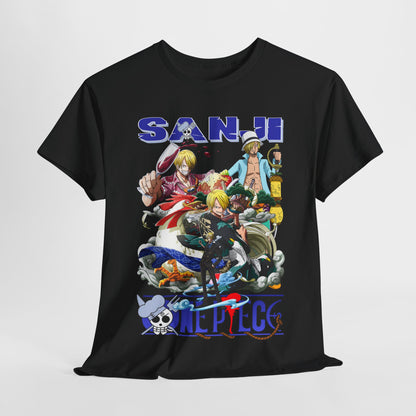Luxurious men's graphic t-shirt featuring Sanji from the anime One Piece, showcasing vibrant, intricate artwork of the character along with dynamic poses, crafted in premium black fabric for exquisite comfort and style.
