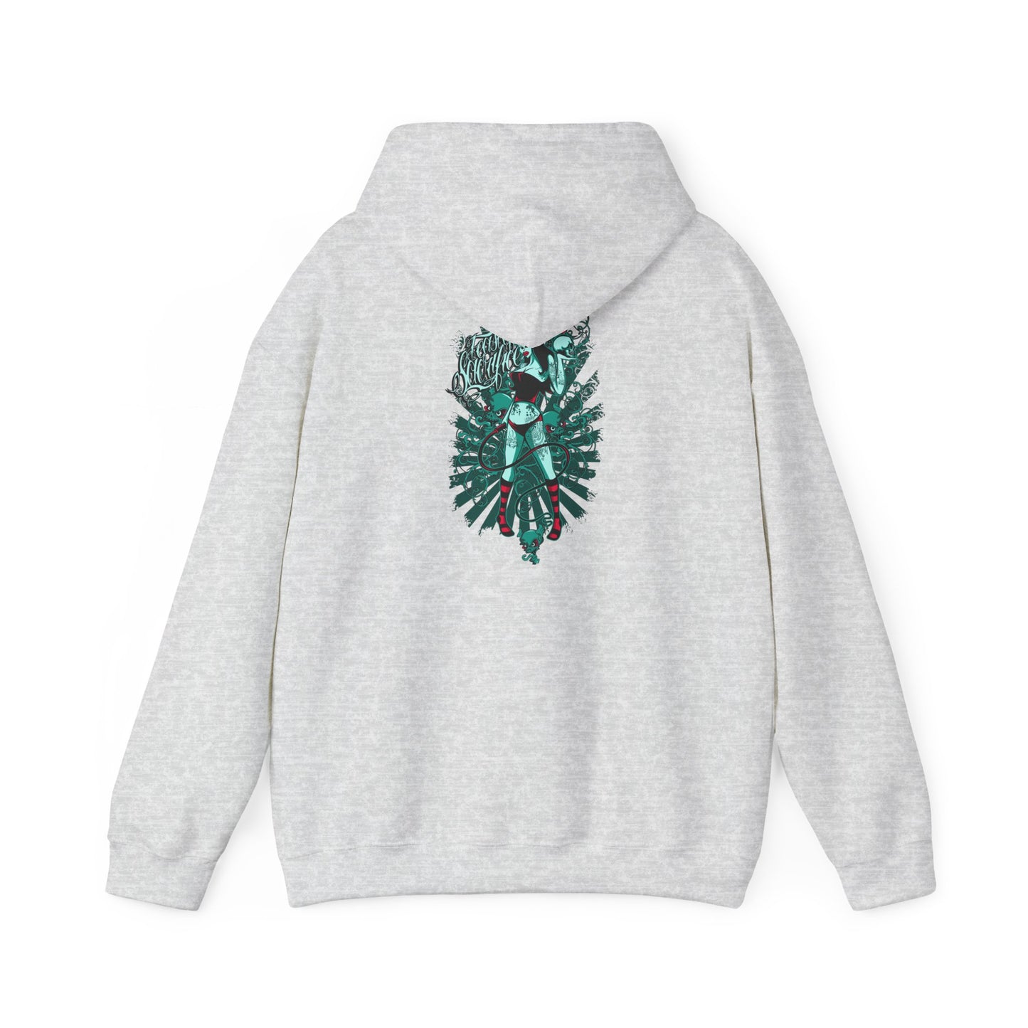 Stylish grey hoodie adorned with an eye-catching back graphic of a fierce woman and entwined elements, exuding a sense of luxury and individuality.