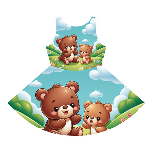 Luxury Isabella Couturiette Girls Teddy Bear Pencil Skirt by Dazzling Dreams Studio featuring whimsical teddy bear designs against a vibrant greenery background, perfect for stylish toddlers.