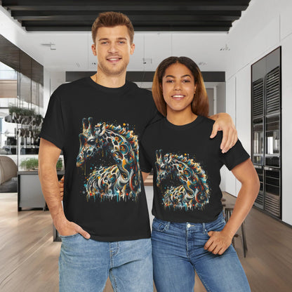 Luxury Fantasy Art Giraffe Graphic T-Shirt showcased in an urban setting, featuring a striking giraffe design in vibrant colours, exemplifying upscale streetwear style.