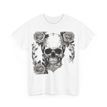 Close-up of the Skulls and Roses Cotton Tee, highlighting the detailed graphic of a skull adorned with roses, embodying edgy elegance.
