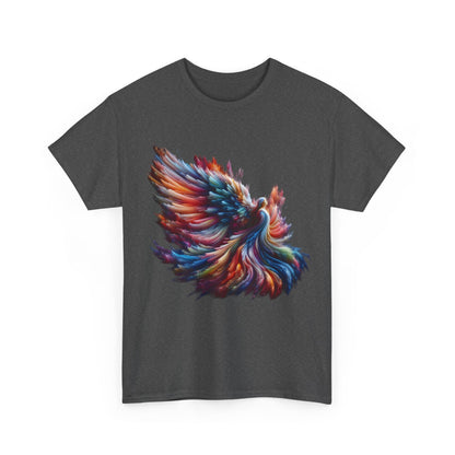 Majestic Angel Graphic Unisex T-Shirt in dark grey displaying vibrant abstract art, a statement piece perfect for fashion enthusiasts.