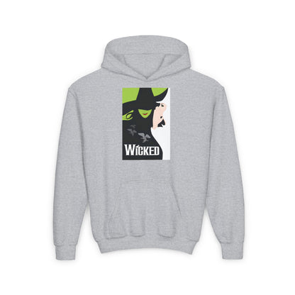 Wicked Movie Graphic Pullover Hoodie in grey, featuring iconic art from the Wicked musical, designed for kids and youths.