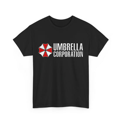 Front view of the Umbrella Corporation Graphic Unisex Tee Shirt featuring the iconic red and white logo prominently displayed on elegant black fabric.
