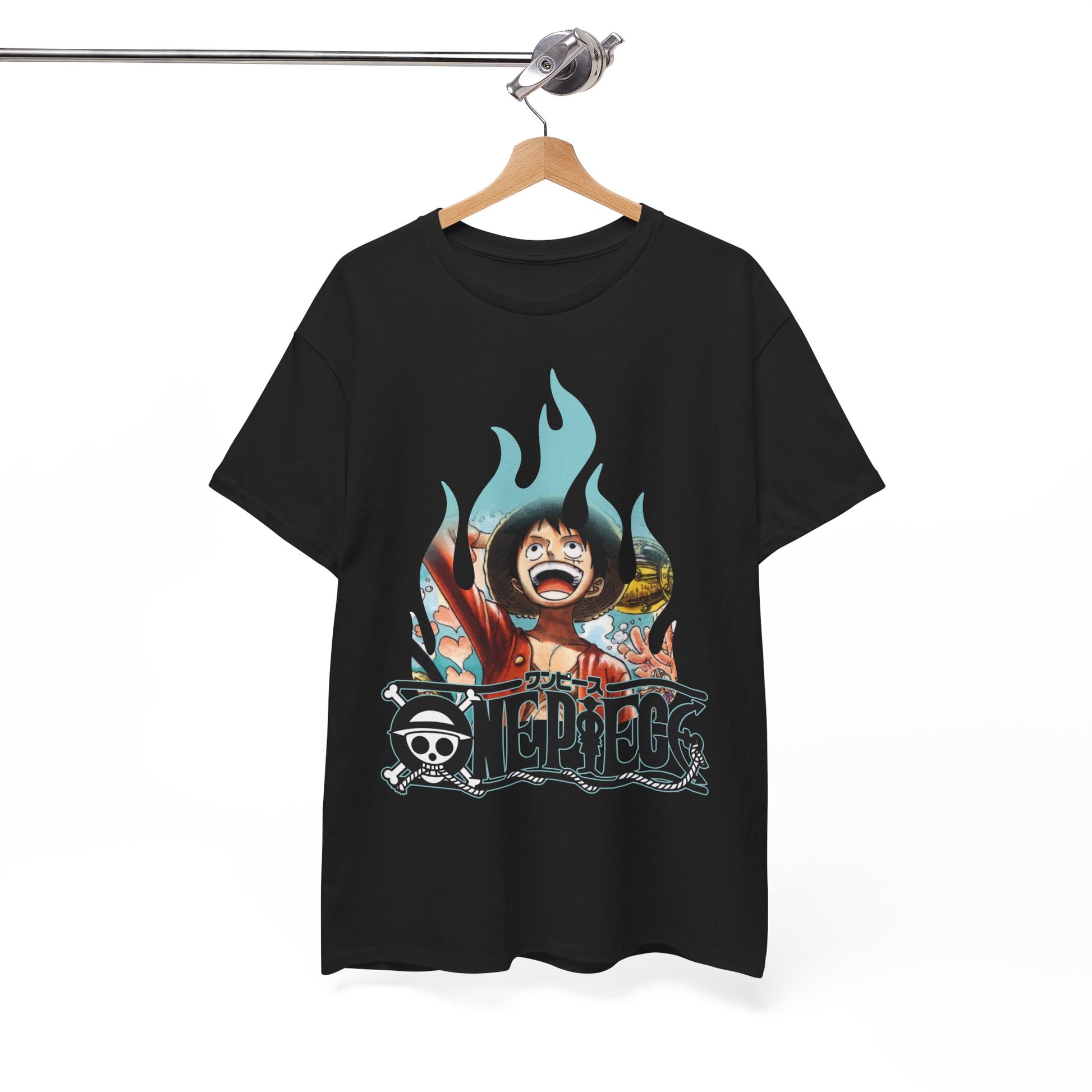 Stylish black men's graphic t-shirt featuring an exuberant print of Luffy, adorned with vibrant teal flames and the iconic One Piece logo, perfect for anime enthusiasts.