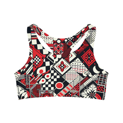 Close-up of the luxurious fabric of Valeria Belmonte Modern Patterned Sports Bra, showcasing its 82% microfiber polyester and 18% spandex blend for ultimate stretch.