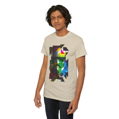 Close-up of a model wearing a stylish Stormtrooper tee with a striking abstract design, ideal for fans of sci-fi and modern art.