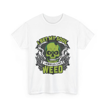 Front view of an elegant white 420 Cannabis Marijuana Graphic T-Shirt with a striking graphic design featuring a skull and cannabis motif.