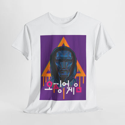 Squid Game Unisex Men’s Women’s Graphic Cotton Funny T Shirt Tee featuring a stylish design of a faceless character on a vibrant purple background, perfect for street urban fashion.