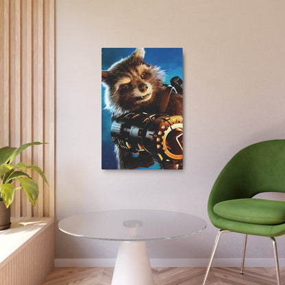 Refined Marvel Guardians of the Galaxy Rocket Metal Art Poster depicting Rocket Raccoon, perfect for elevating your living space with a blend of character and luxury.