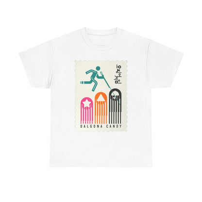 Elegant white T-shirt with a playful Dalgona Candy graphic, ideal for those who appreciate both fashion and fun, showcasing a mix of bold colours.