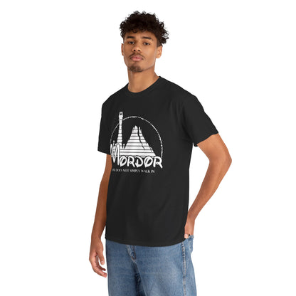 Stylish black t-shirt modelled by a man, featuring an artistic representation of Mordor and the famous quote, embodying sophistication for fantasy enthusiasts.