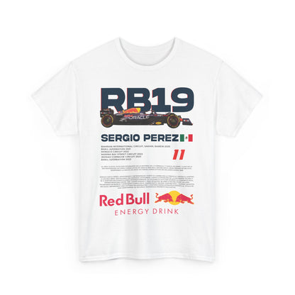 Men's Red Bull RB19 F1 Racing Tee in white, stylishly crafted with a prominent Sergio Perez design and a detailed layout of racing achievements, celebrating motorsport heritage.